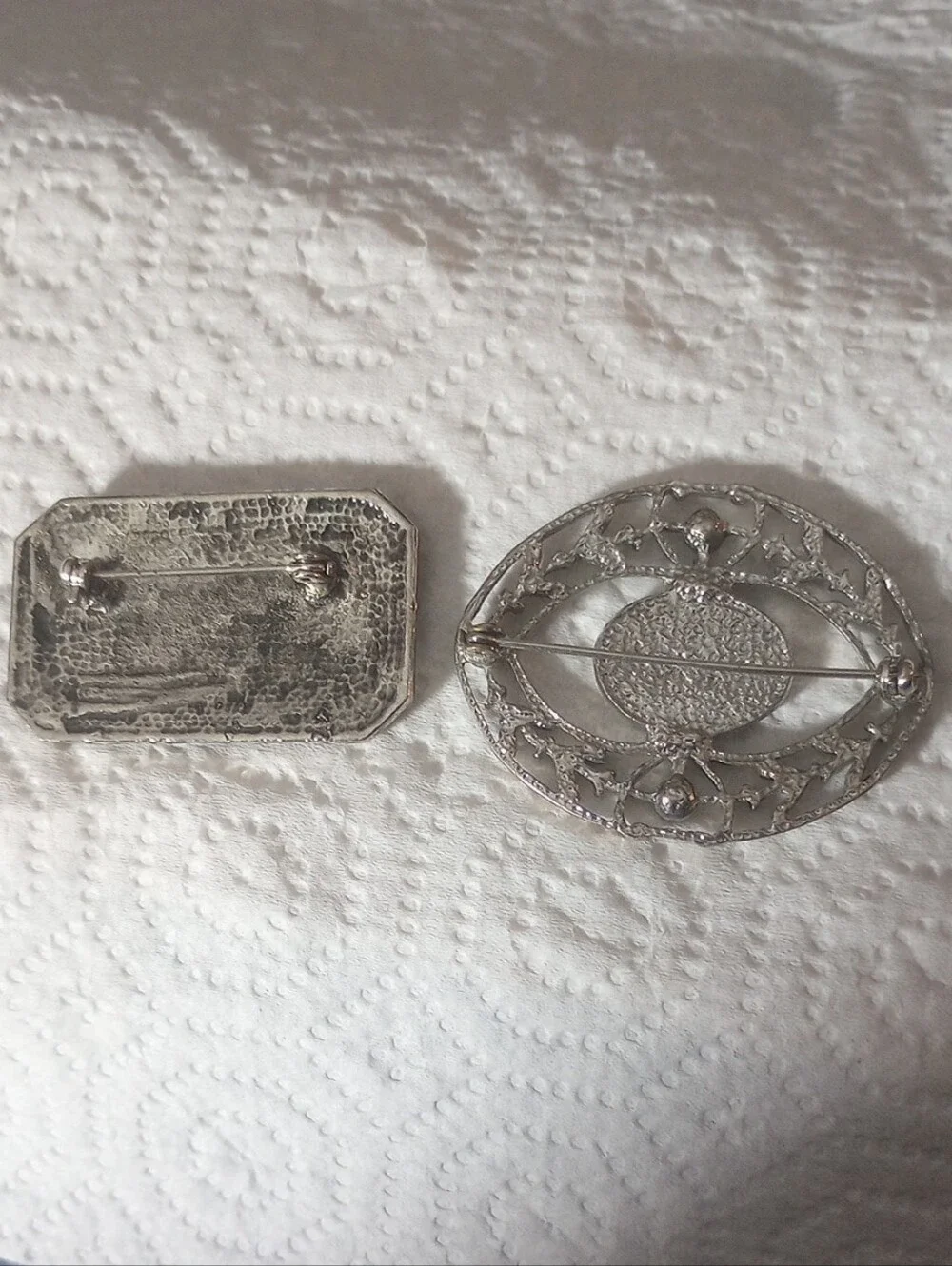 Antique, Victorian,Silver Filigree Brooches with Mother of Pearl,Crystal Accent